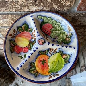 Artisan Pottery Serving Dish 3 Sections Signed by Artist Made in Portugal